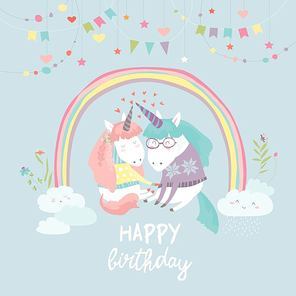 Cute card with fairy unicorns boy and girl in love on clouds with magic rainbow on the background. Vector illustration in cartoon style.