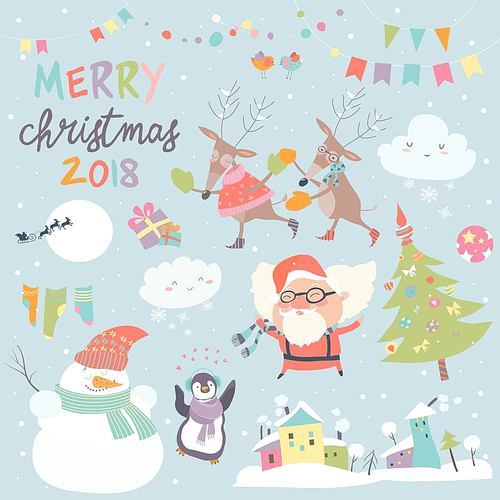 Vector set of Christmas characters and icons. Santa, christmas tree,snowmanand deers