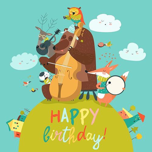 Vector cute Birthday card with animals and music