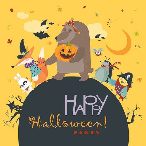 Halloween background trick or treat animals in Halloween costume. Vector illustration