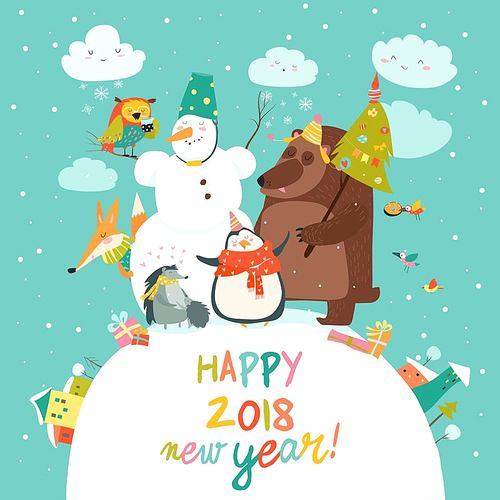 Happy animals celebrating Christmas. Vector greeting card