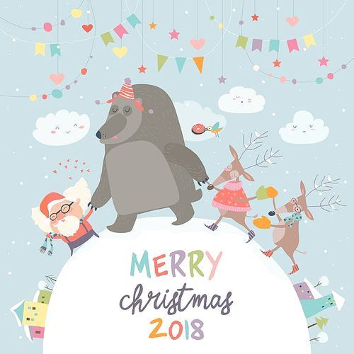Happy Santa ,reindeers and bear celebrating Christmas. Vector greeting card