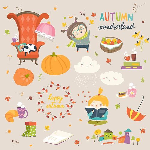 Vector cartoon set with cute autumn elements