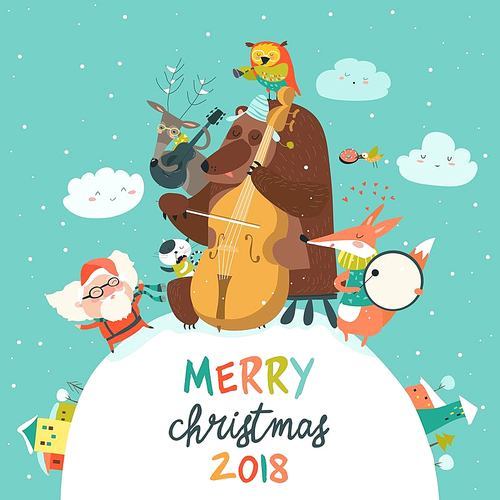 Vector Merry christmas card with animals, Santa and music