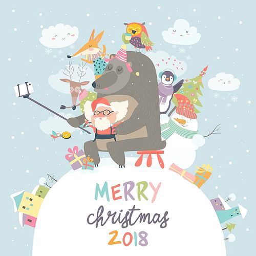 Cute animals with Santa Claus take a selfie. Vector greeting card