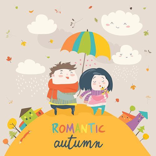 Cute couple with an umbrella in the autumn rain. Vector illustration