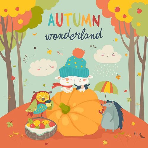 Hello autumn background with cute animals. Vector illustration