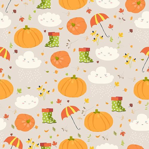 Vector seamless pattern with pumpkins and autumn elements