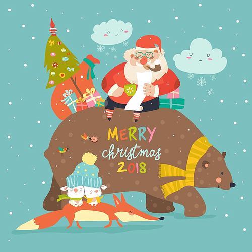 Santa Claus riding on the back of friendly bear. Vector greeting card
