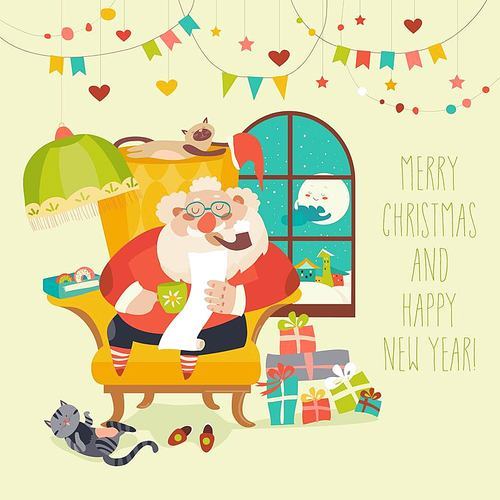 Santa Claus sitting in armchair and reading letter. Vector illustration