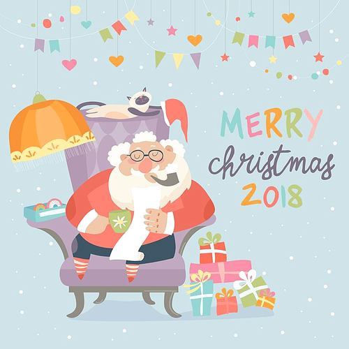 Santa Claus sitting in armchair and reading letter. Vector illustration