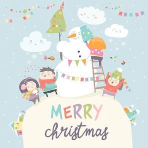 Happy children celebrating Christmas. Vector greeting card