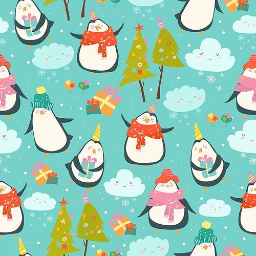 Seamless pattern with cute penguins and christmas decor