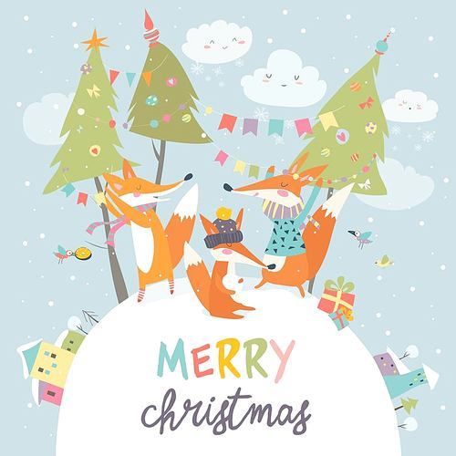 Funny foxes friends celebrating Christmas. Vector illustration
