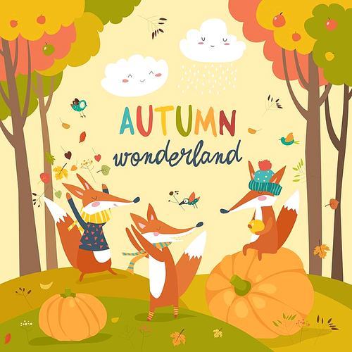 Little foxes playing with leaves in autumn forest. Vector illustration