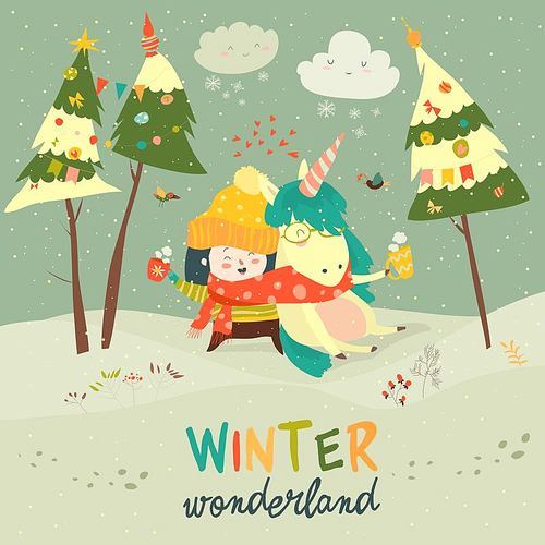 Cute girl hugging unicorn. Winter wonderland. Vector illustration