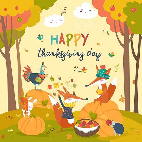 Cute animals celebrating Thanksgiving day. Vector greeting card