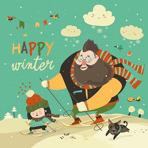 happy father and daughter skiing in snow mountain. Family winter sport vector illustration.