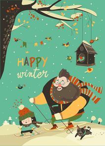 Happy father and daughter skiing in snow. Family winter sport vector illustration.