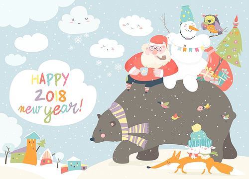 Santa Claus with snowman riding on the back of friendly bear. Vector greeting card