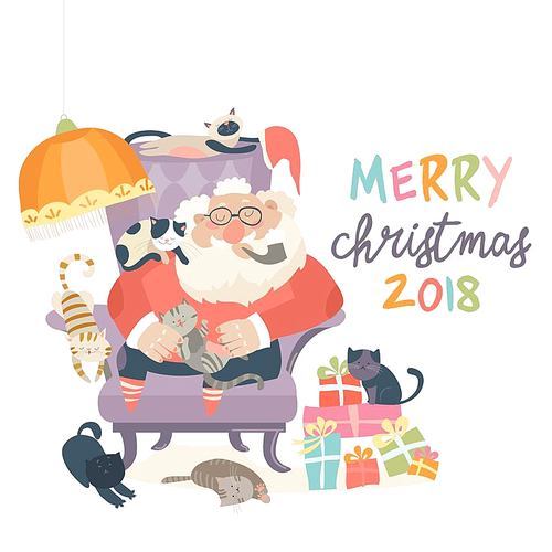 Santa Claus sitting in armchair with cats. Vector illustration