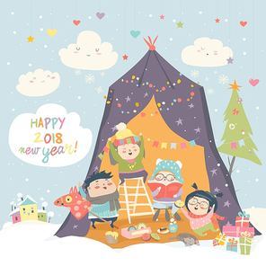 Happy children celebrating Christmas. Vector greeting card