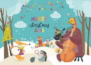 Vector Merry christmas card with animals and music