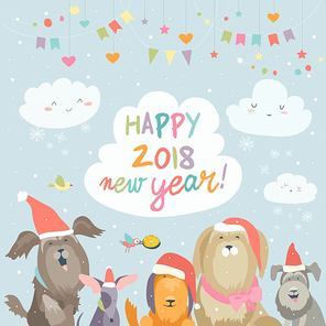 Happy 2018 New Year card. Funny dogs congratulates on holiday. Dog Chinese zodiac symbol of the year. Vector illustration.