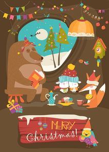 Cute animals celebrating Christmas in den. Vector greeting card
