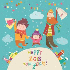 Cartoon vector illustration of a happy family with Christmas shopping