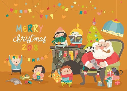 Cartoon Santa with kids and gifts. Vector greeting card