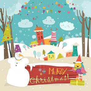 Vector christmas greeting card with little town in snowdrifts