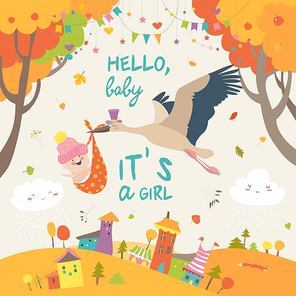Stork is flying in the sky with baby above the autumn landscape. Vector illustration