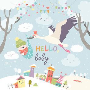 Stork is flying in the sky with baby above the winter landscape. Vector illustration