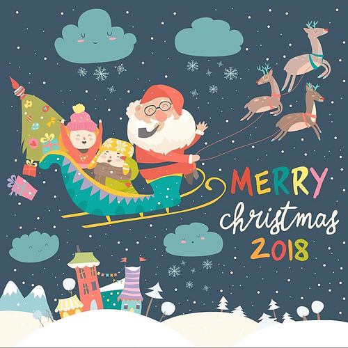 Santa Claus and kids with Reindeer Sleigh. Vector illustration