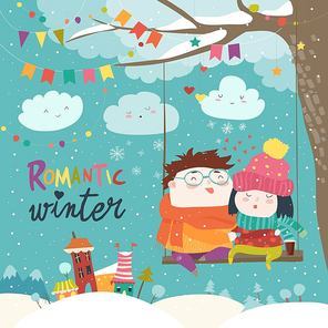 Cute winter cartoon couple swinging. Vector Christmas card