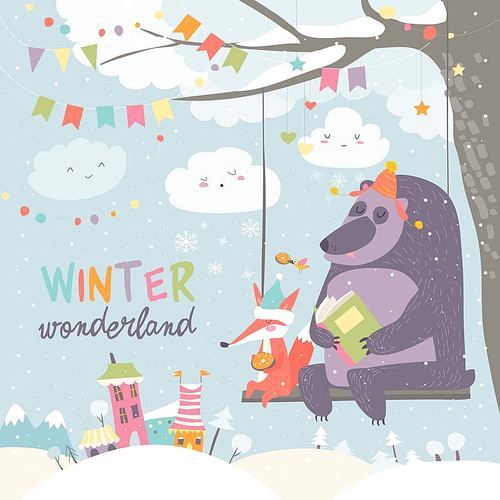 Funny bear and fox swinging in winter park. Vector greeting card