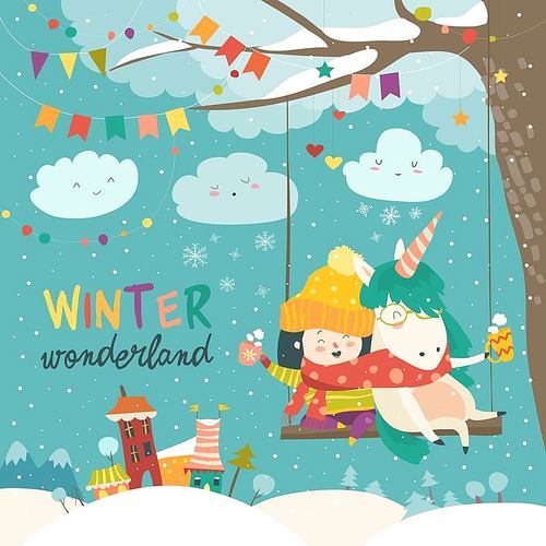Cute girl and unicorn swinging in winter park. Vector greeting card
