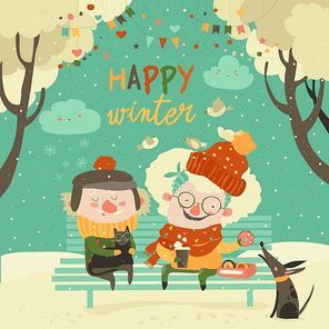 Funny grandmother and grandfather sitting with cat and dog in winter park. Vector illustration