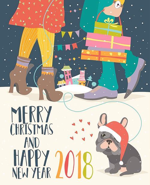 Couple of love celebrating Christmas. Vector greeting card