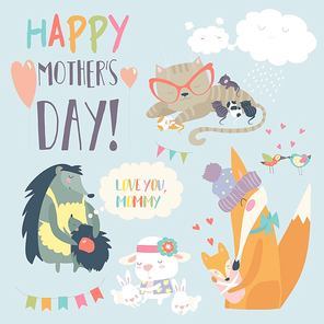 Vector set of cute animals with their cubs