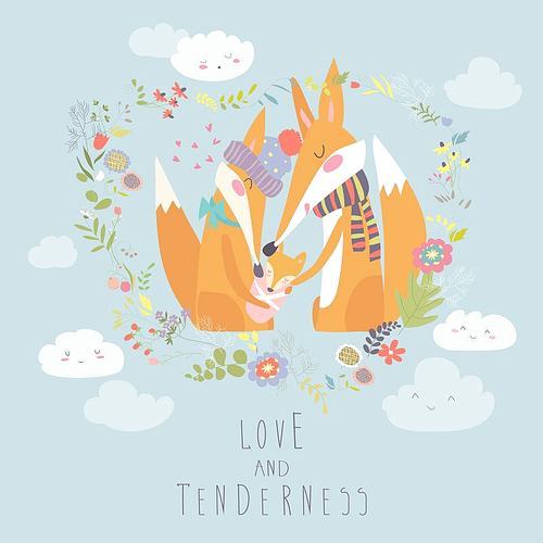 Loving fox family as a shape of a heart. Mother, father and baby child. Vector greeting card