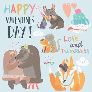 Cute animals couples in love collection. Happy Valentines day postcard. Vector illustration