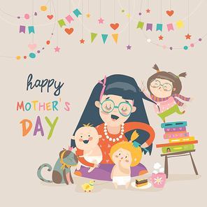 Beautiful women with her children. Happy mothers day card. Vector illustration