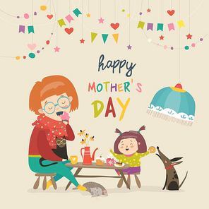 Beautiful women with her daughter. Happy mothers day card. Vector illustration