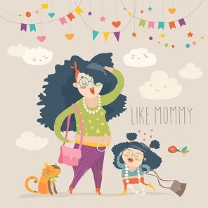 Stylish mother with her daughter. Vector cartoon illystration