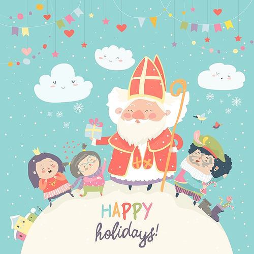 Saint Nicholas with Piet and happy kids. Vector illustartion