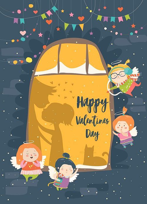 St.Valentine card with cupid and couple. Vector illustration