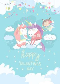 Cute card with fairy unicorns boy and girl in love on clouds with cupid on the background. Vector illustration in cartoon style.
