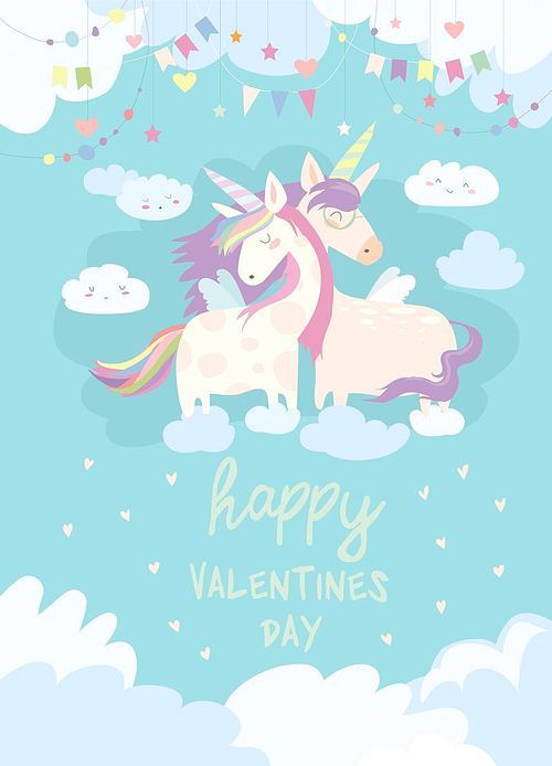 Cute card with fairy unicorns boy and girl in love on clouds. Vector illustration in cartoon style.